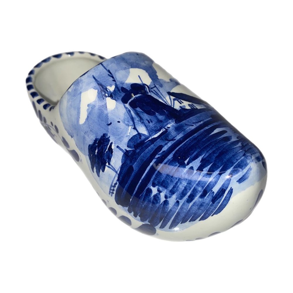 Dutch Blue Willow Ceramic Shoe Planter Wall Hanging Hand Painted Wind Mill